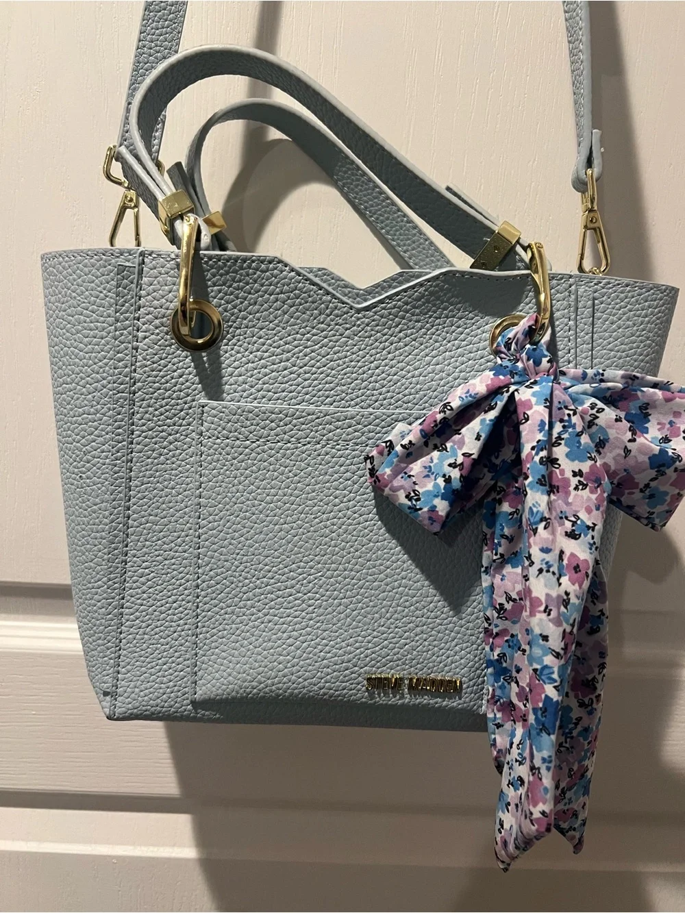 Steve Madden Light Blue Pebbled Tote with Floral Scarf